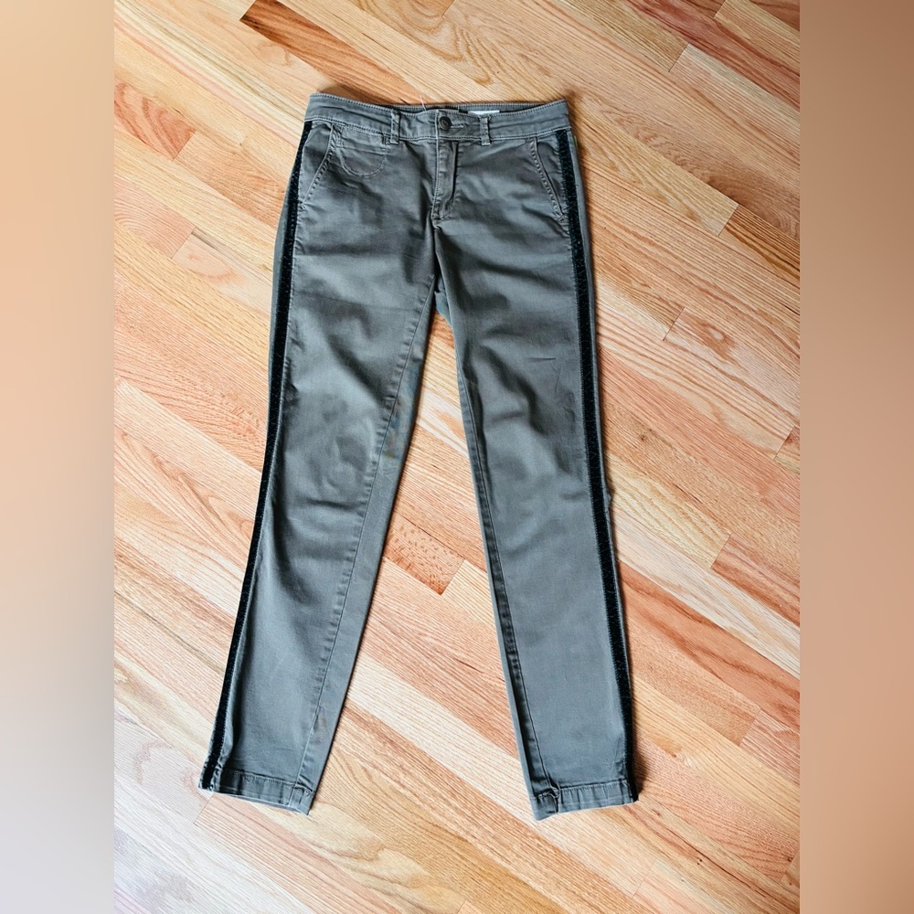 Anthropologie Stylish Olive Green‎ Pants with green velvet Stripe